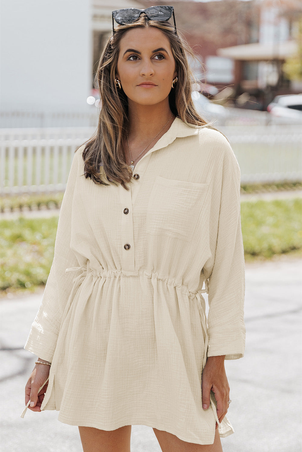 Button-Up Long Sleeve Collared Neck Mini Dress  Dresses- Doll Fits
