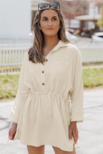 Button-Up Long Sleeve Collared Neck Mini Dress  Dresses- Doll Fits