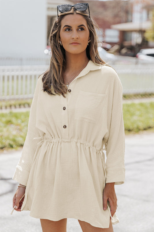 Button-Up Long Sleeve Collared Neck Mini Dress  Dresses- Doll Fits