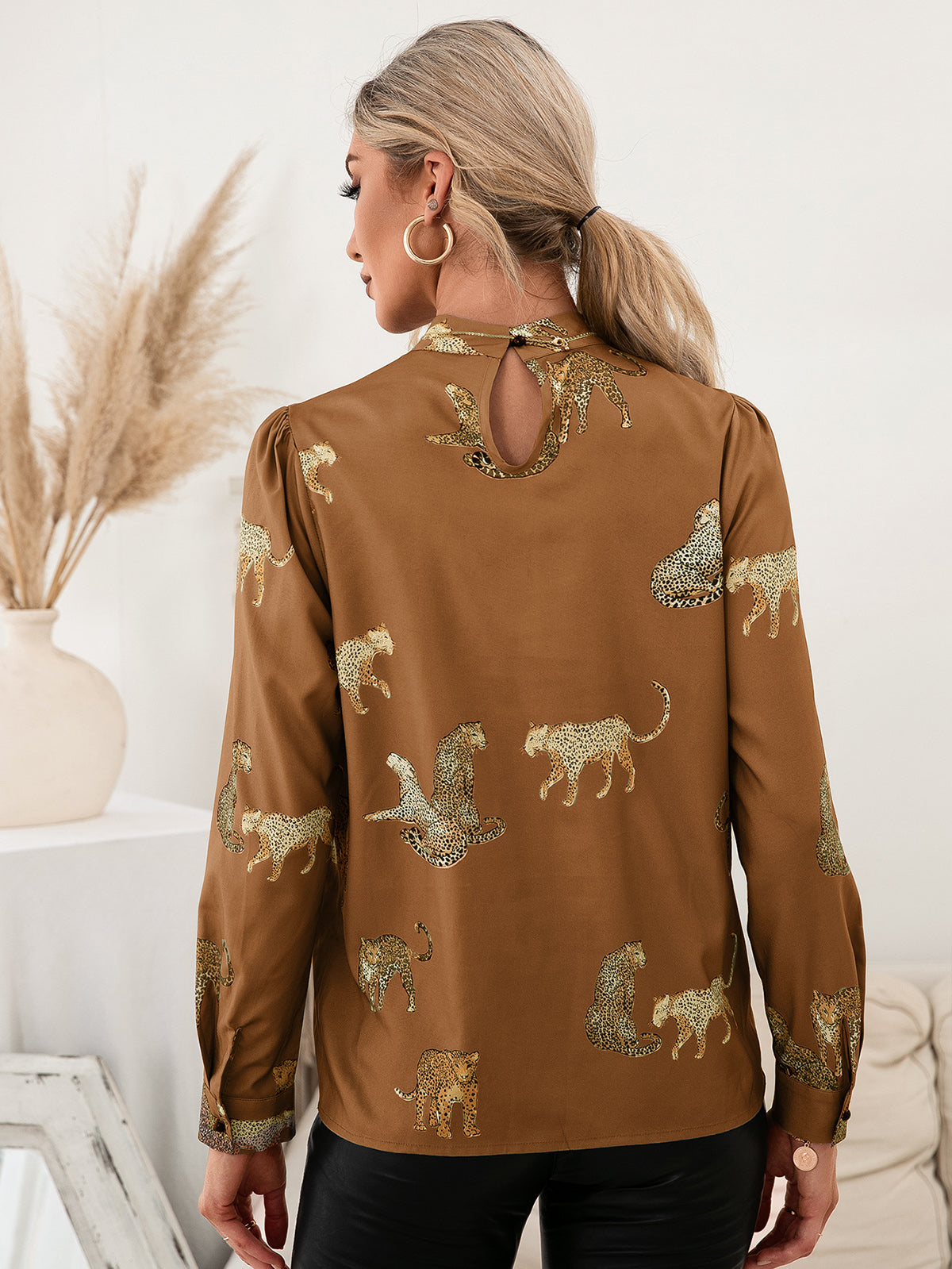 Leopard Graphic Mock Neck Puff Sleeve Blouse  Shirts & Tops- Doll Fits