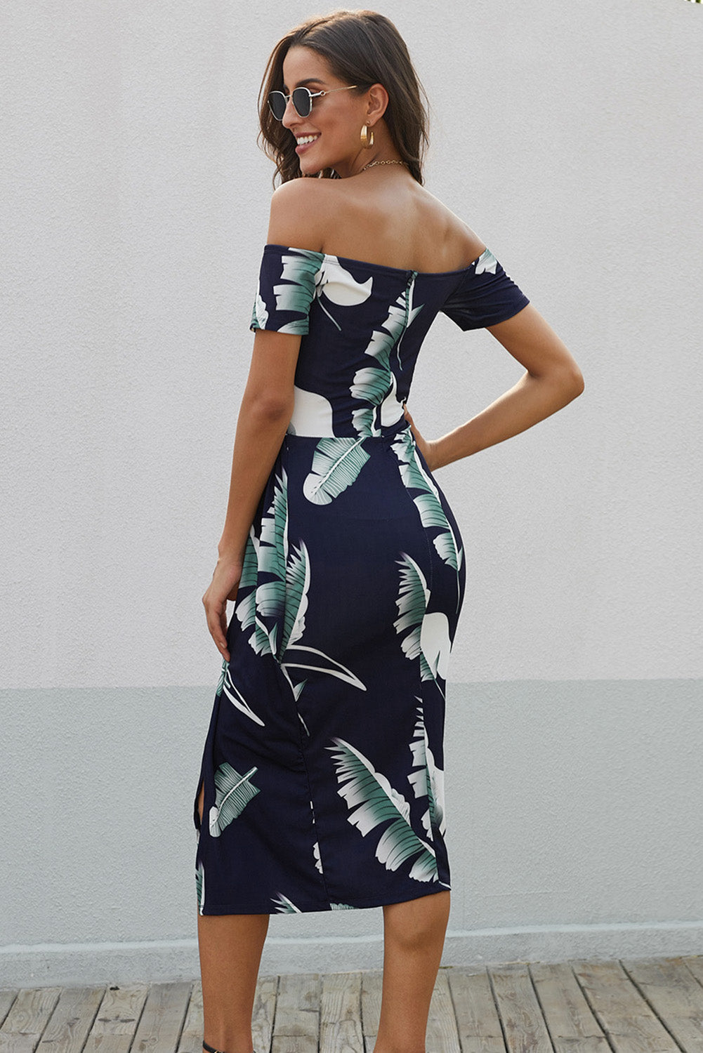 Printed Off-Shoulder Split Dress  Dresses- Doll Fits