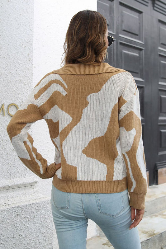 Two-Tone Johnny Collar Dropped Shoulder Pullover Sweater  - Doll Fits