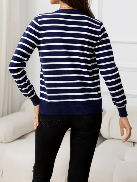 Striped Round Neck Long Sleeve Buttoned Knit Top  Shirts & Tops- Doll Fits