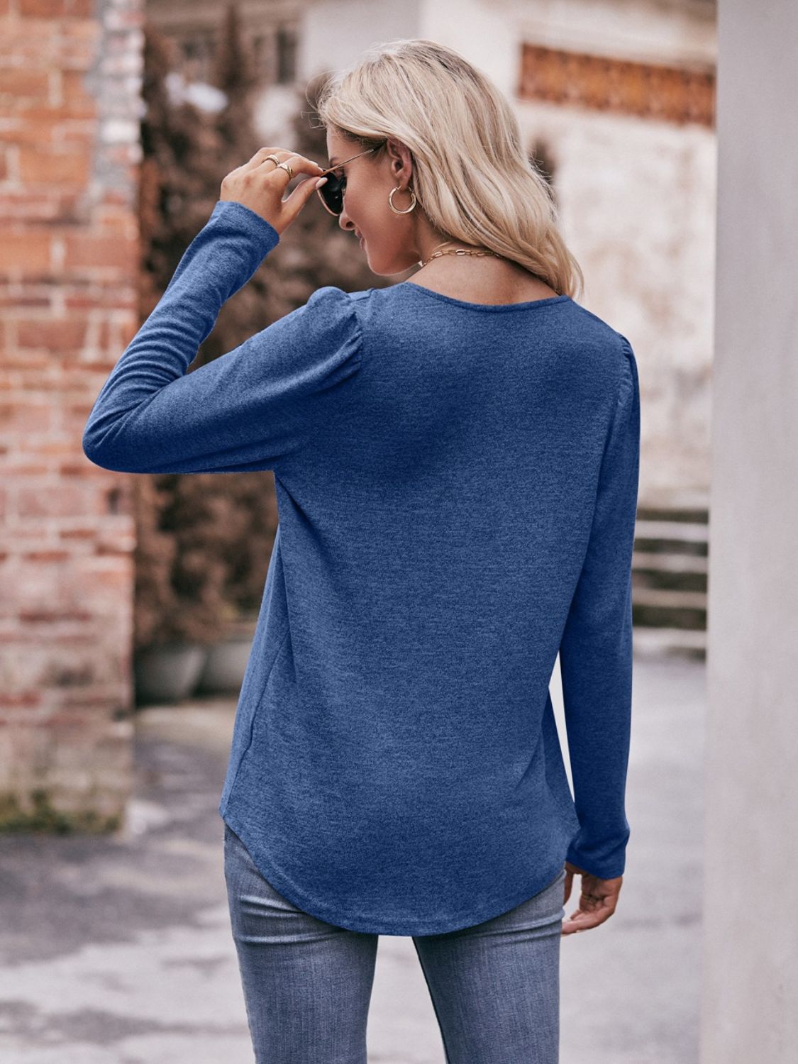 Pleated Detail Curved Hem Long Sleeve Top  Shirts & Tops- Doll Fits