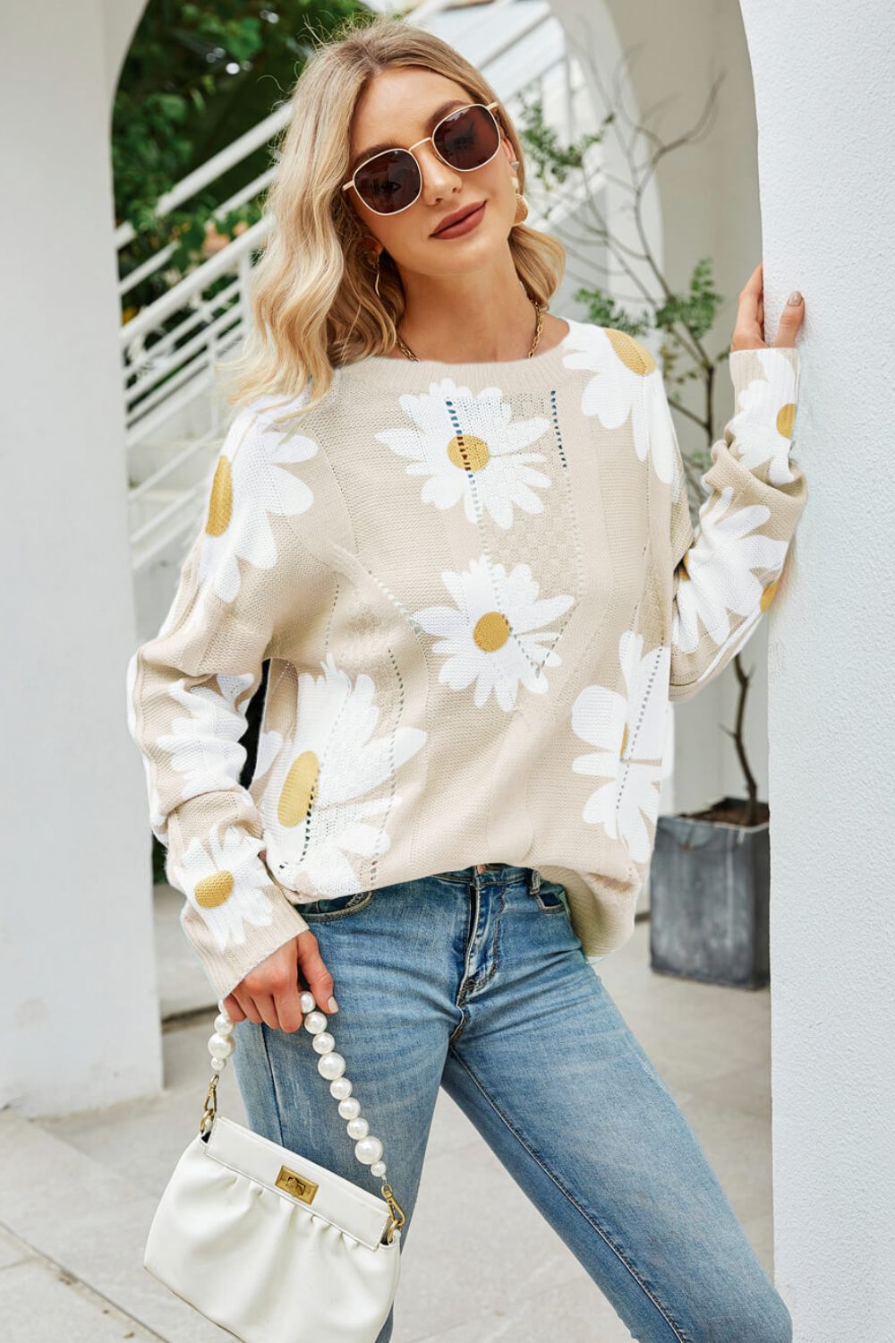 Daisy Print Openwork Round Neck Sweater  Shirts & Tops- Doll Fits