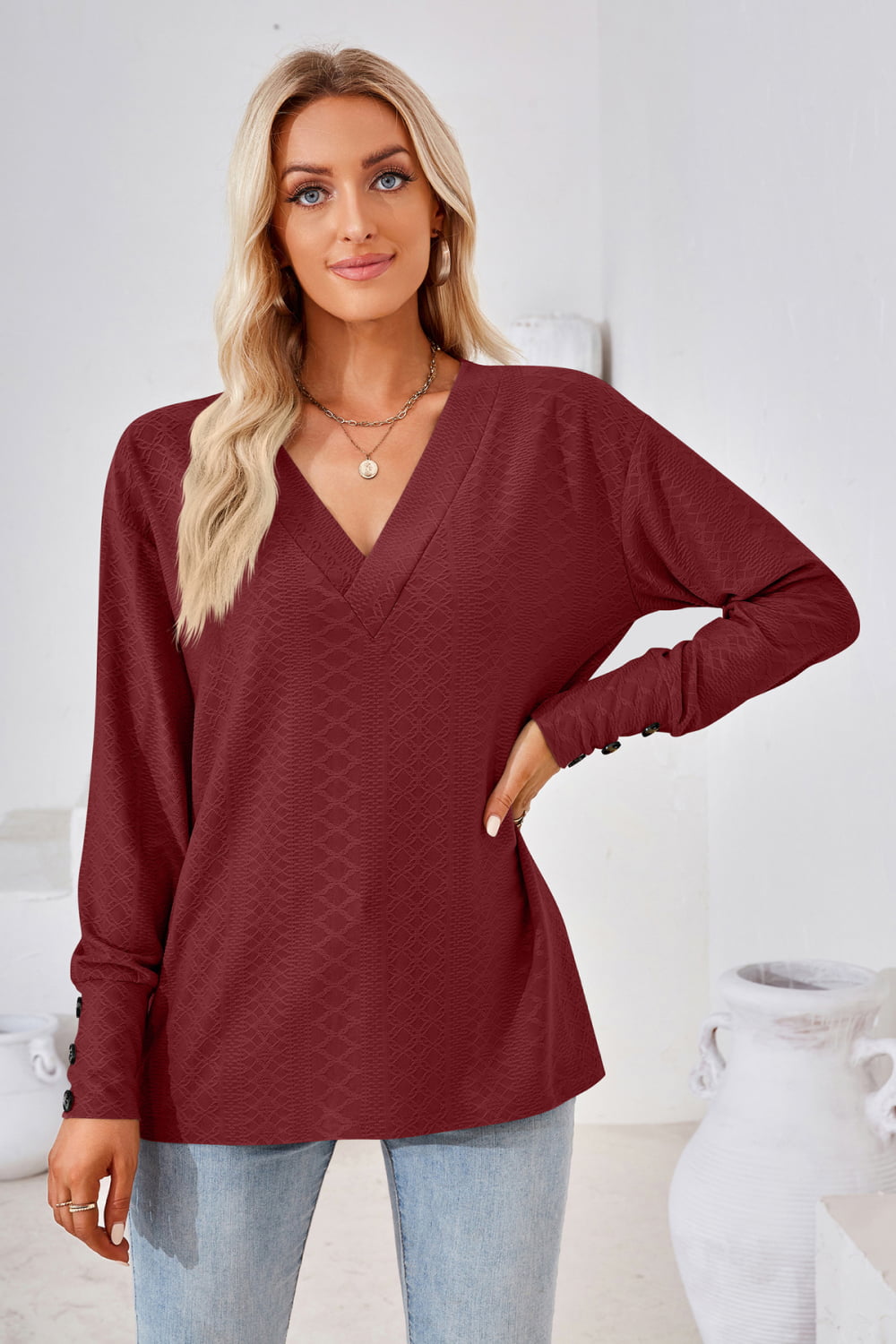 V-Neck Long Sleeve Blouse  - Doll Fits