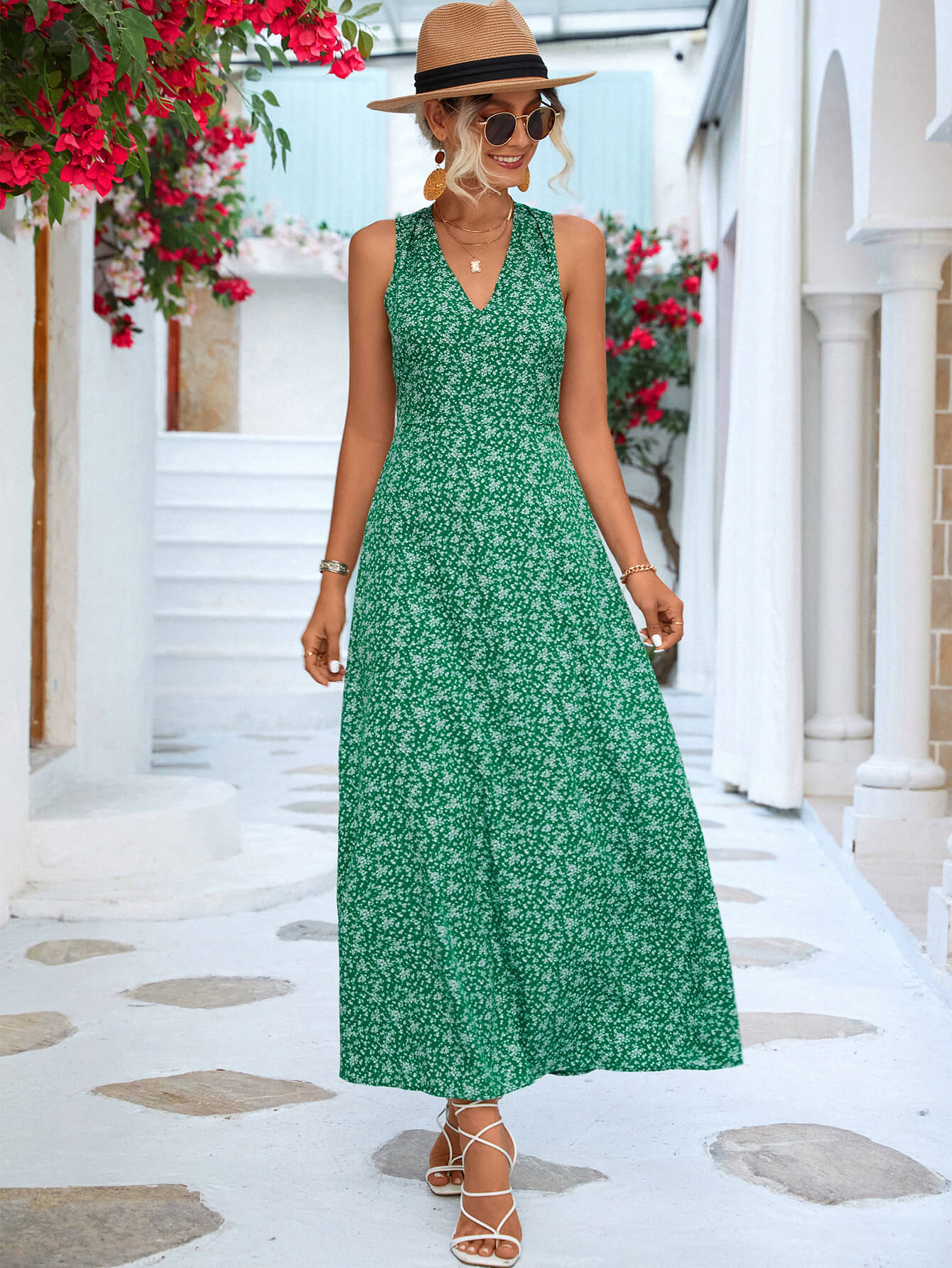 Printed Open Back Sleeveless Maxi Dress  Dresses- Doll Fits