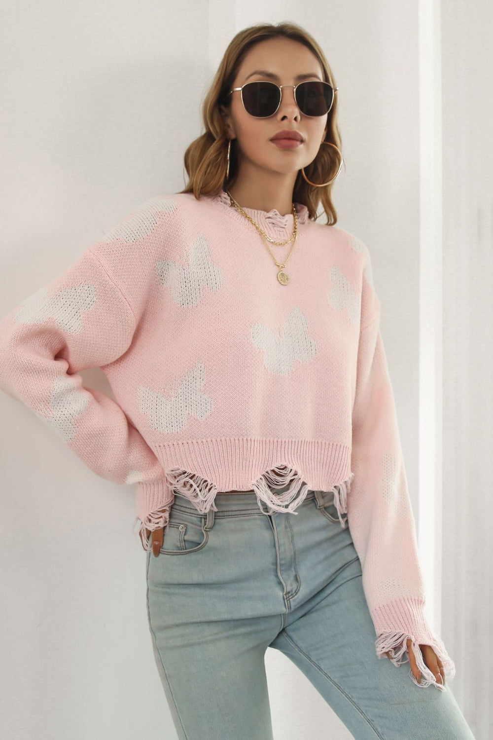 Printed Round Neck Ribbed Long Sleeve Sweater  - Doll Fits