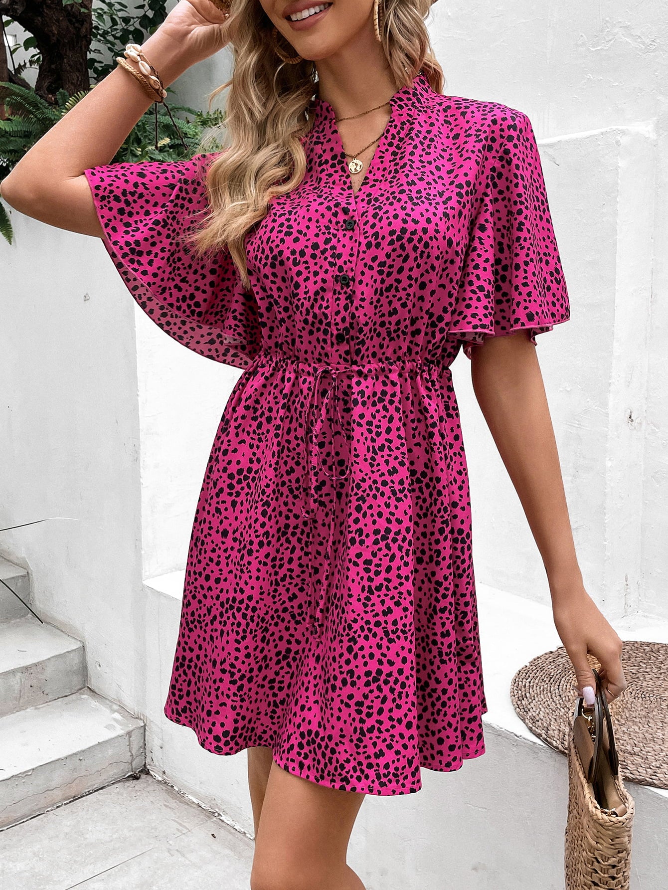 Printed Drawstring Waist Flutter Sleeve Dress  Dresses- Doll Fits