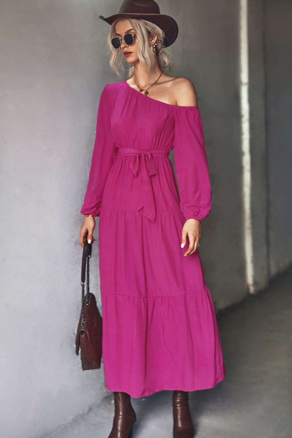 Belted One-Shoulder Tiered Maxi Dress  Dresses- Doll Fits