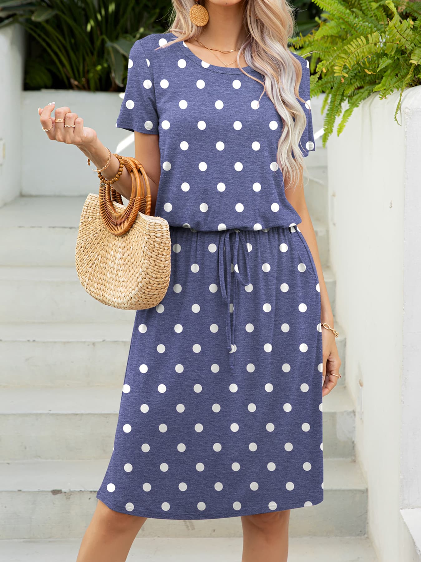 Round Neck Short Sleeve Slit Dress with Pockets  Dresses- Doll Fits