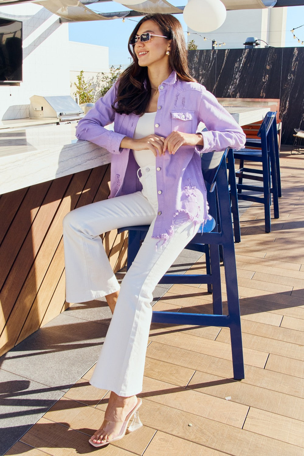 American Bazi Full Size Distressed Button Down Denim Jacket in Lavender  Coats & Jackets- Doll Fits