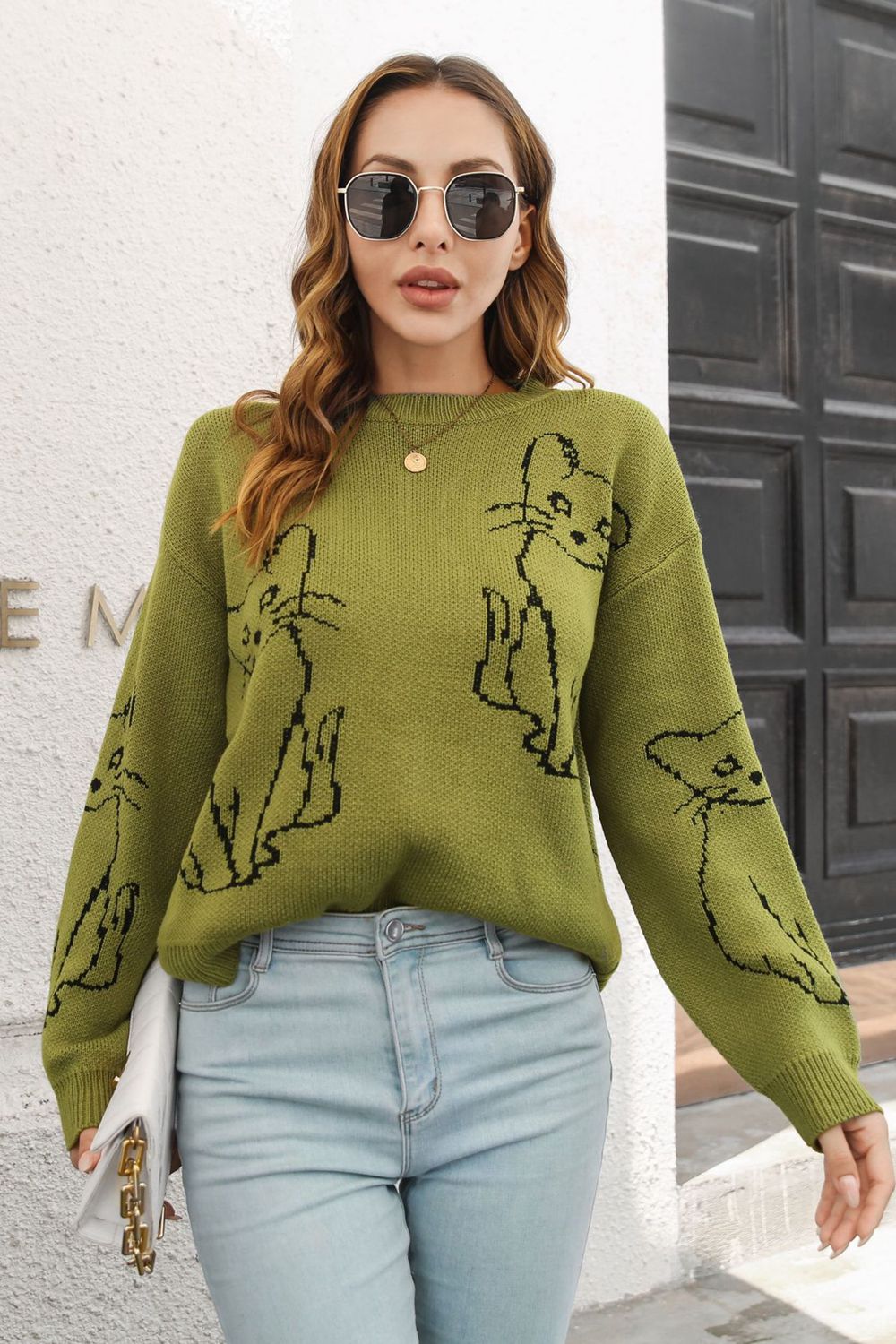 Cat Pattern Round Neck Long Sleeve Pullover Sweater  - Doll Fits