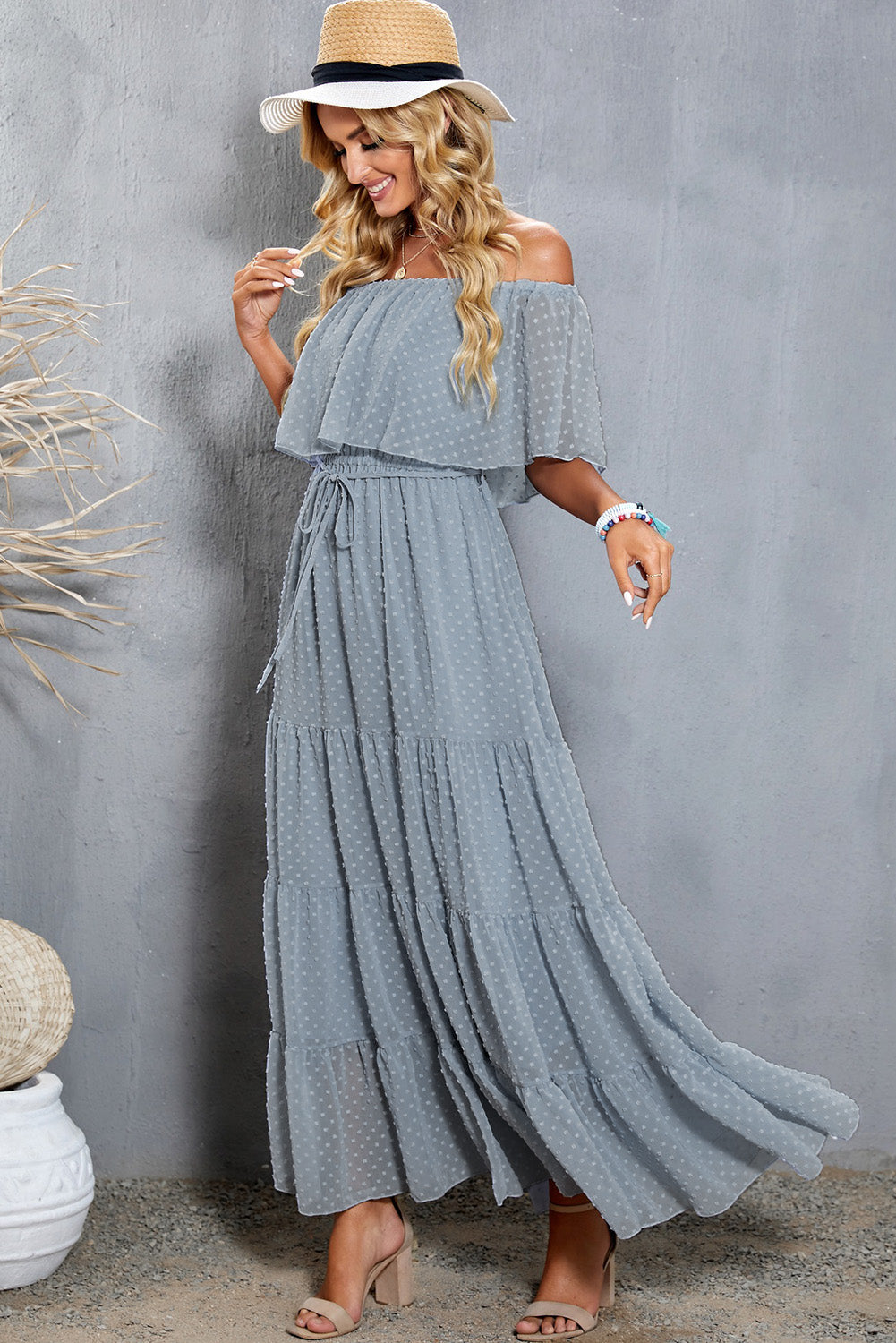 Swiss Dot Off-Shoulder Tiered Maxi Dress  Dresses- Doll Fits