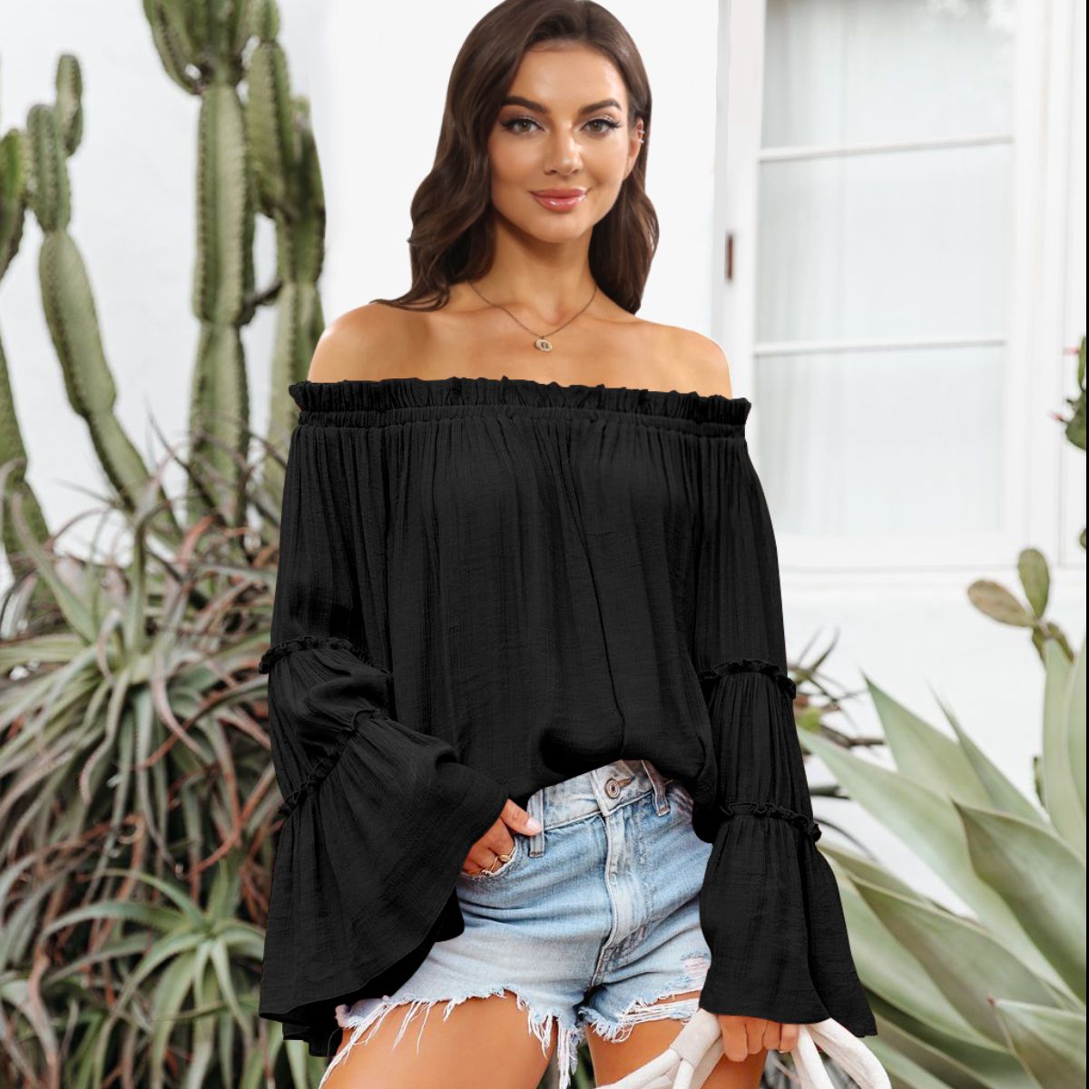 Off-Shoulder Frill Trim Blouse  Shirts & Tops- Doll Fits