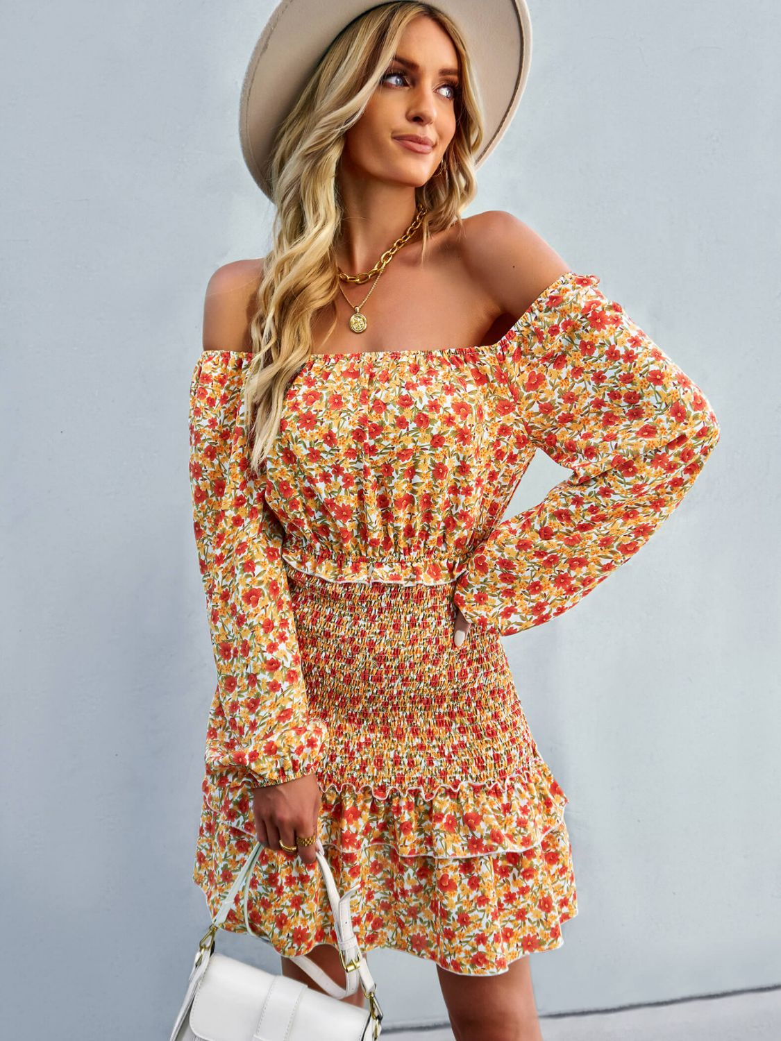 Floral Smocked Off-Shoulder Ruffled Dress  Dresses- Doll Fits
