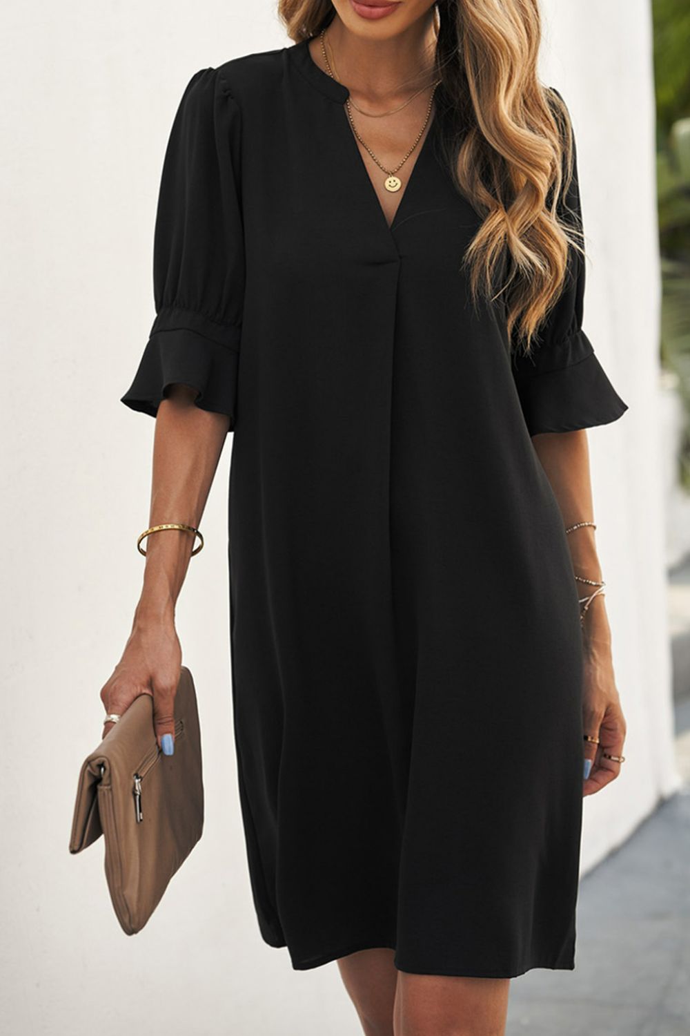 Puff Sleeve Notched Mini Shift Dress  Dresses- Doll Fits