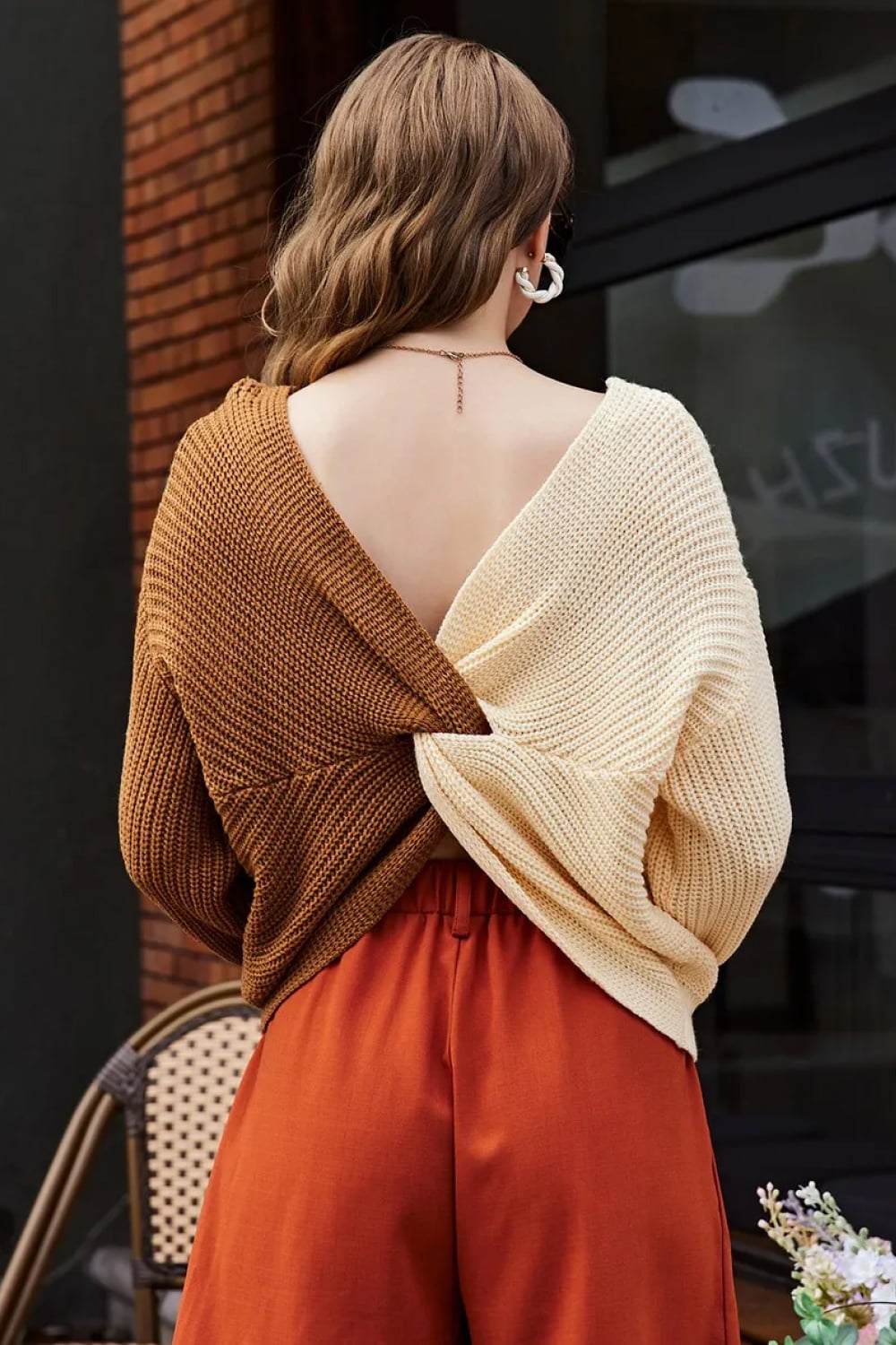 Double Take Two-Tone V-Neck Twisted Sweater  - Doll Fits