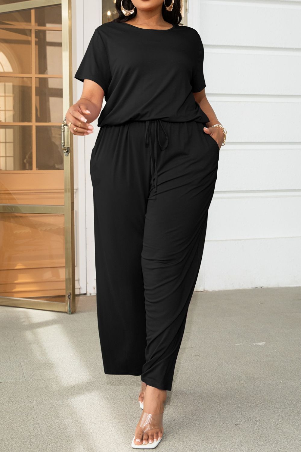 Plus Size Drawstring Waist Short Sleeve Jumpsuit  Jumpsuits & Rompers- Doll Fits