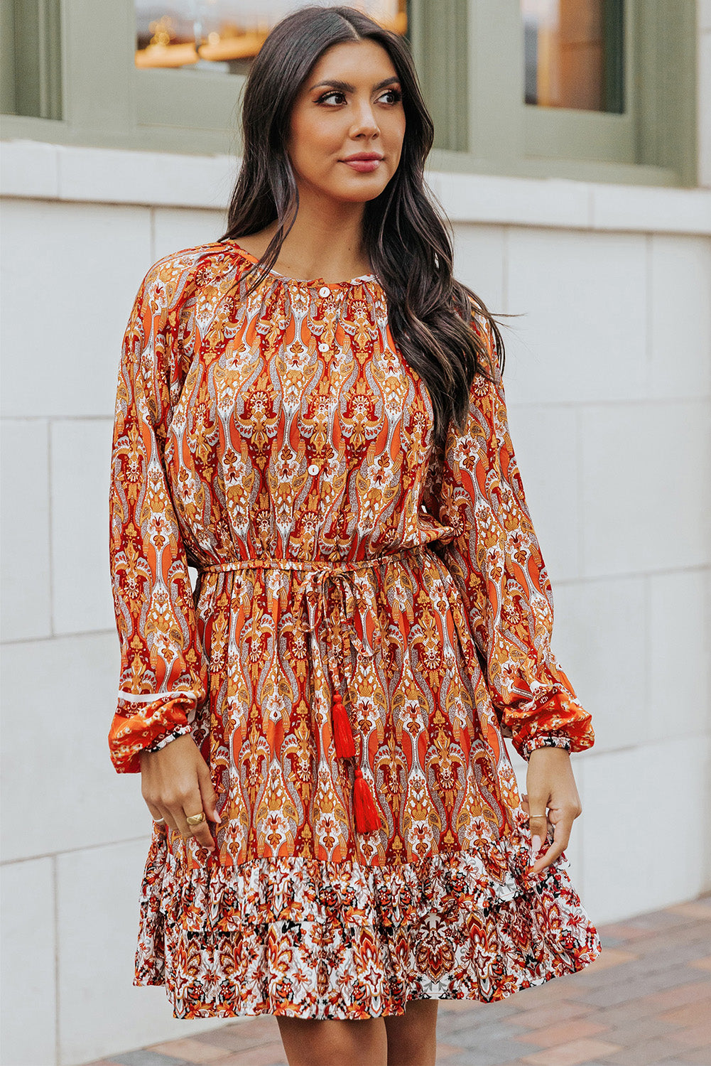 Printed Balloon Sleeve Tassel Tie Dress  Dresses- Doll Fits