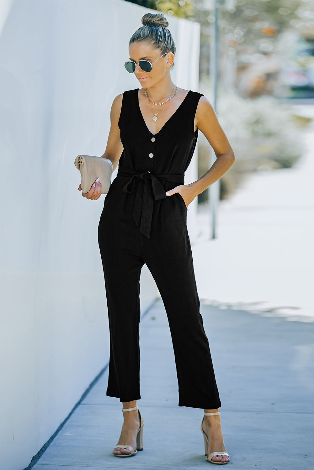 V-Neck Tie Waist Sleeveless Jumpsuit  Jumpsuits & Rompers- Doll Fits