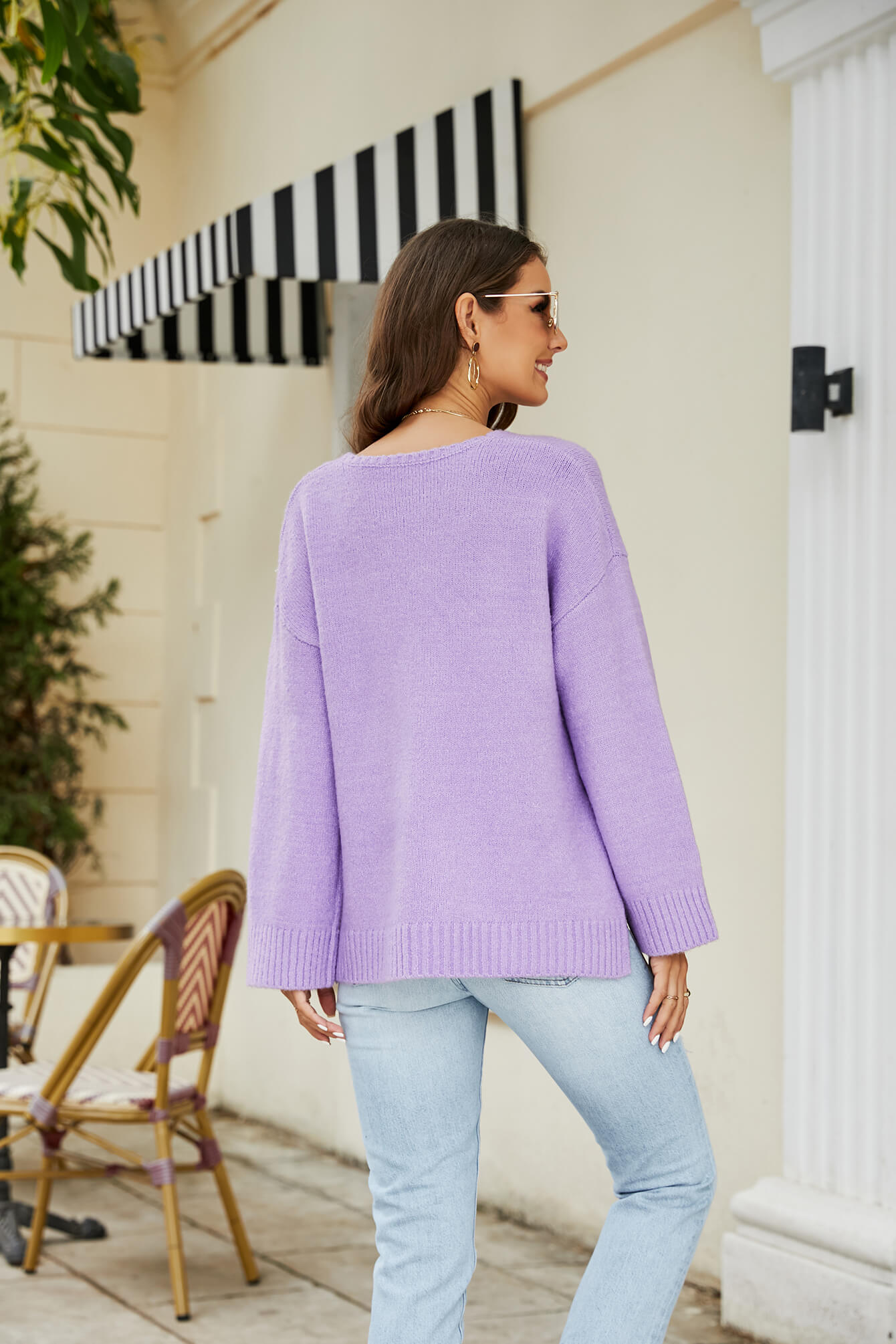 Drop Shoulder V-Neck Knit Pullover  Shirts & Tops- Doll Fits