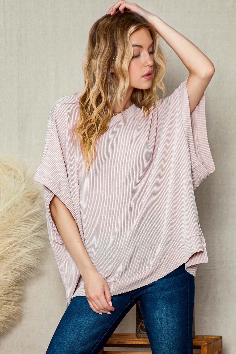 Double Take Full Size Round Neck Ribbed Slit Tunic Top  - Doll Fits