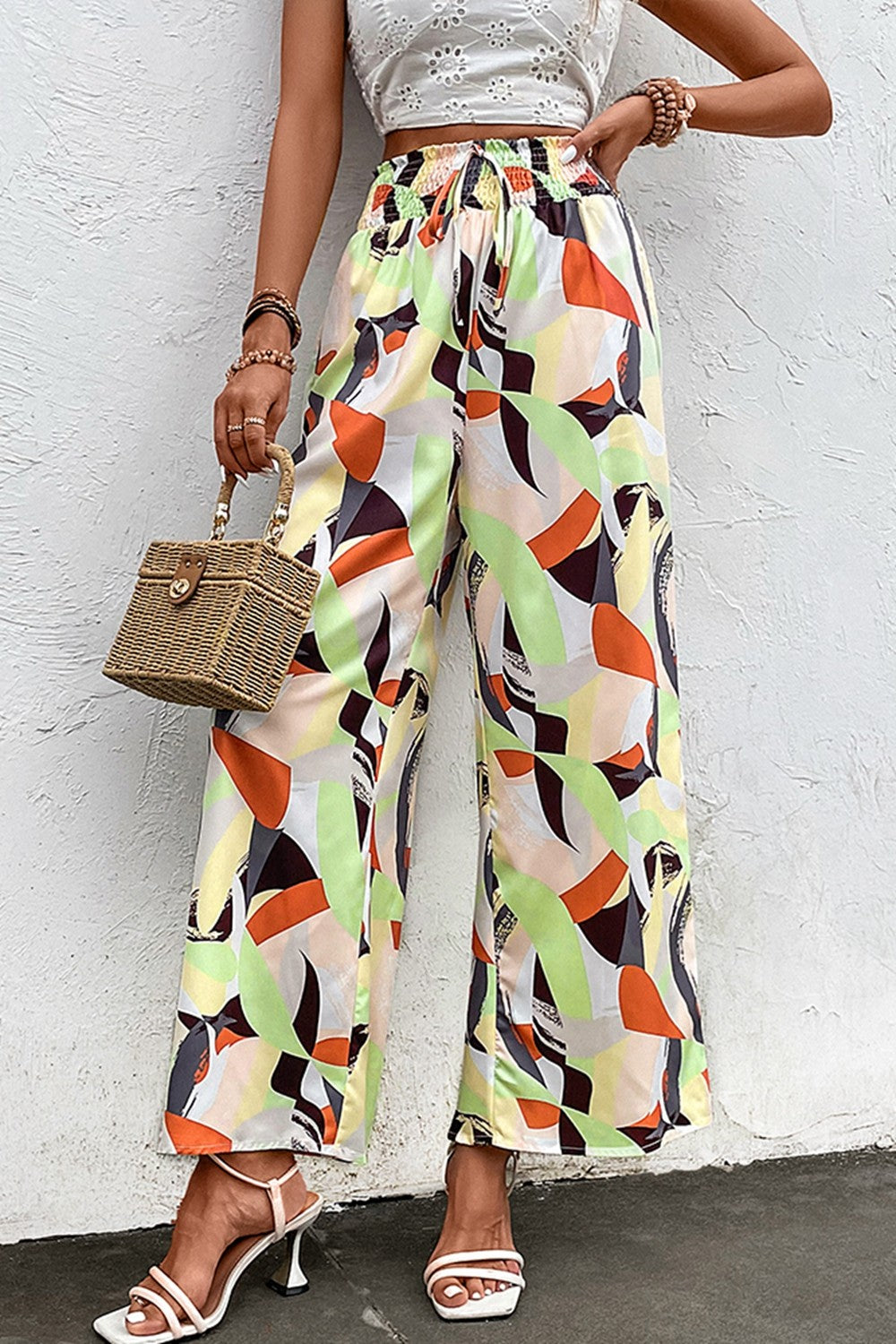 Printed Smocked Waist Wide Leg Pants  Pants- Doll Fits