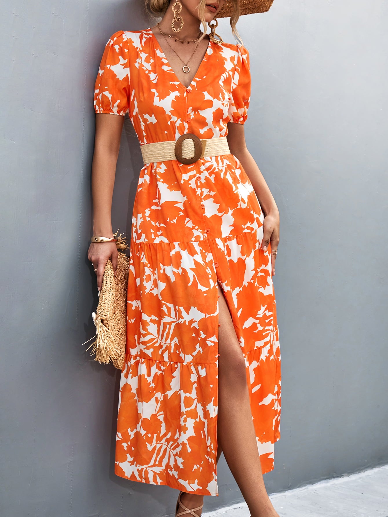 V-Neck Short Sleeve High Slit Midi Dress  Dresses- Doll Fits