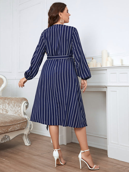 Melo Apparel Plus Size Striped Surplice Neck Long Sleeve Dress  Dresses- Doll Fits