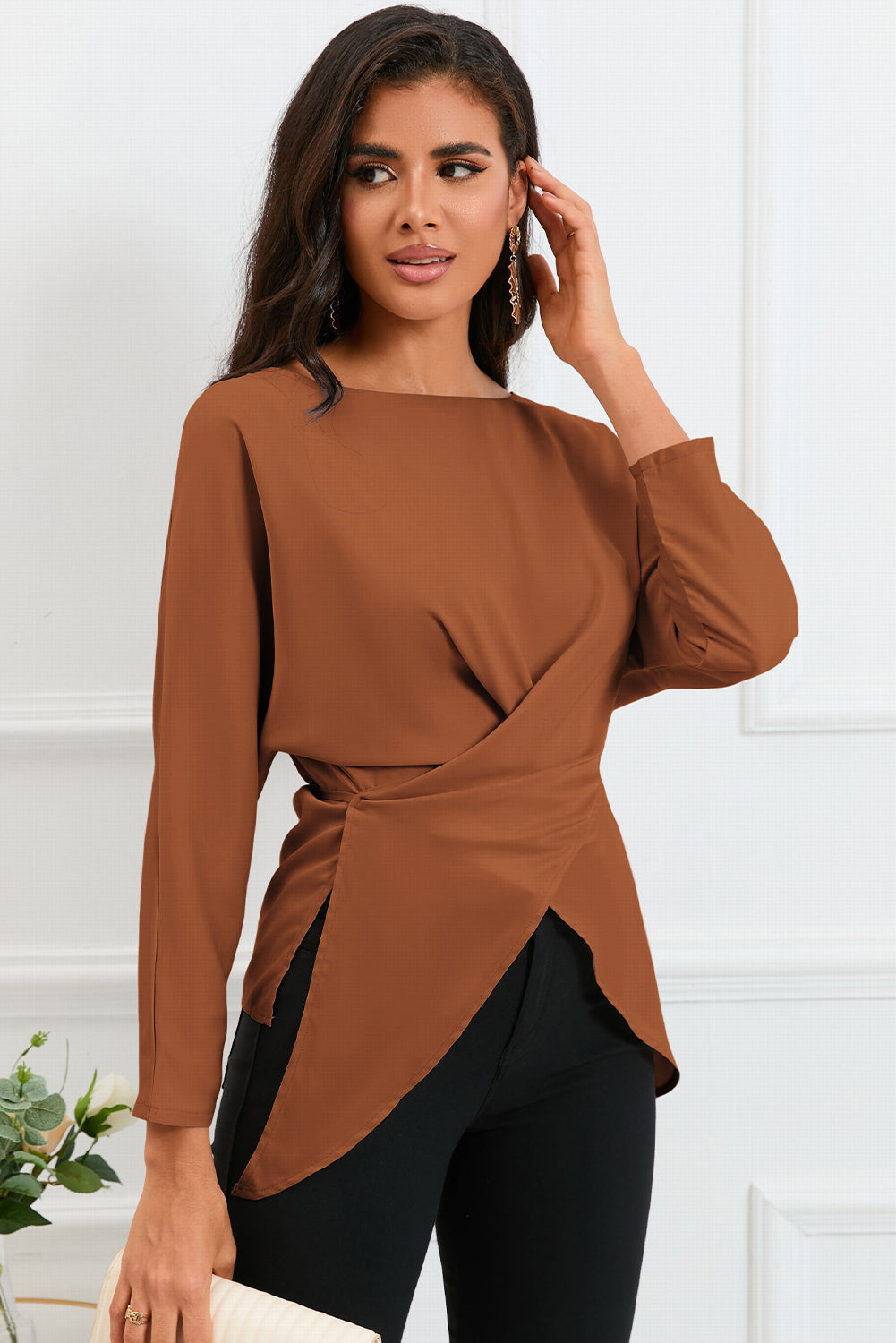 Boat Neck Back Tie Long Sleeve Satin Blouse  Shirts & Tops- Doll Fits