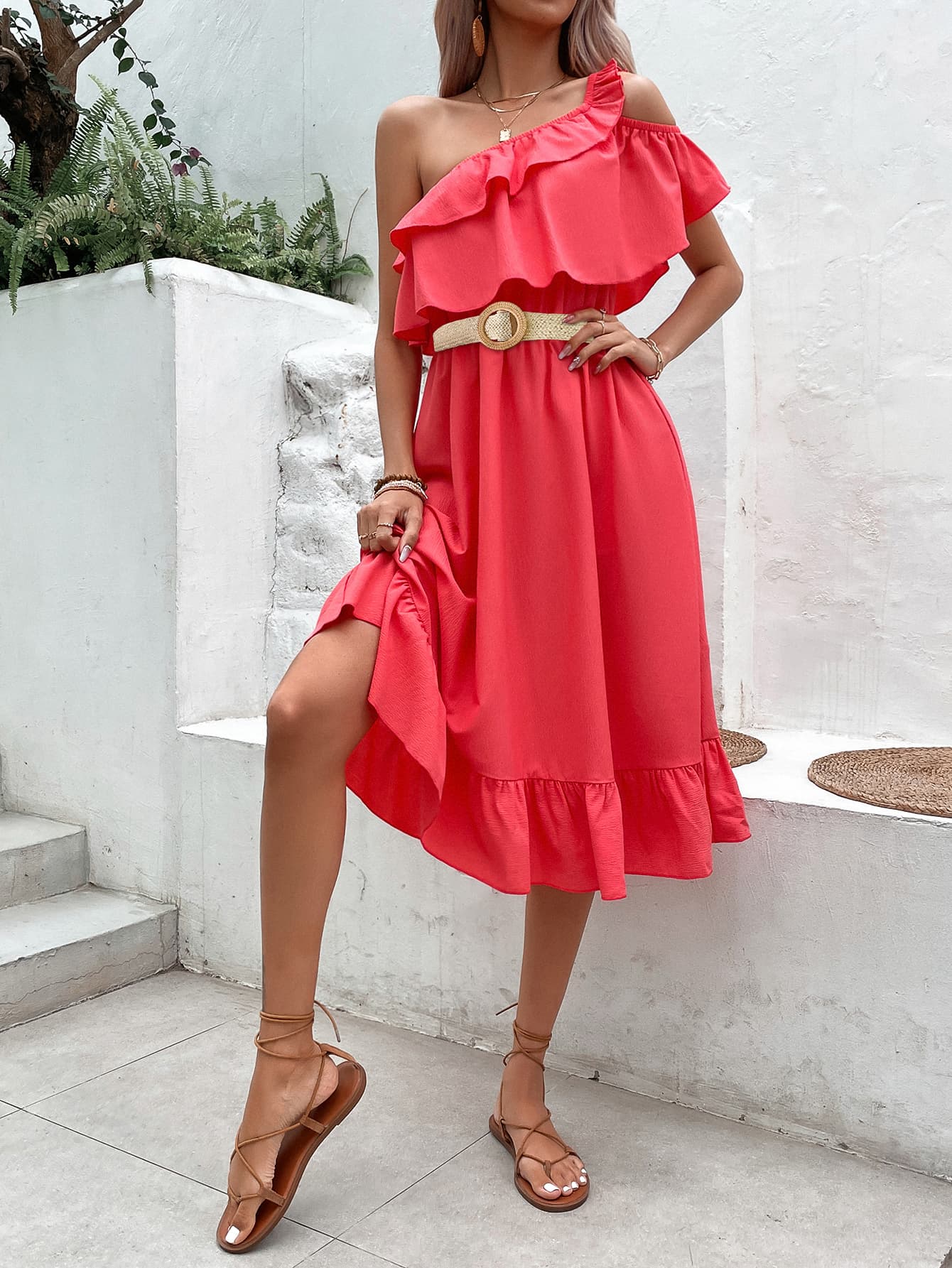 One-Shoulder Ruffle Hem Dress  Dresses- Doll Fits