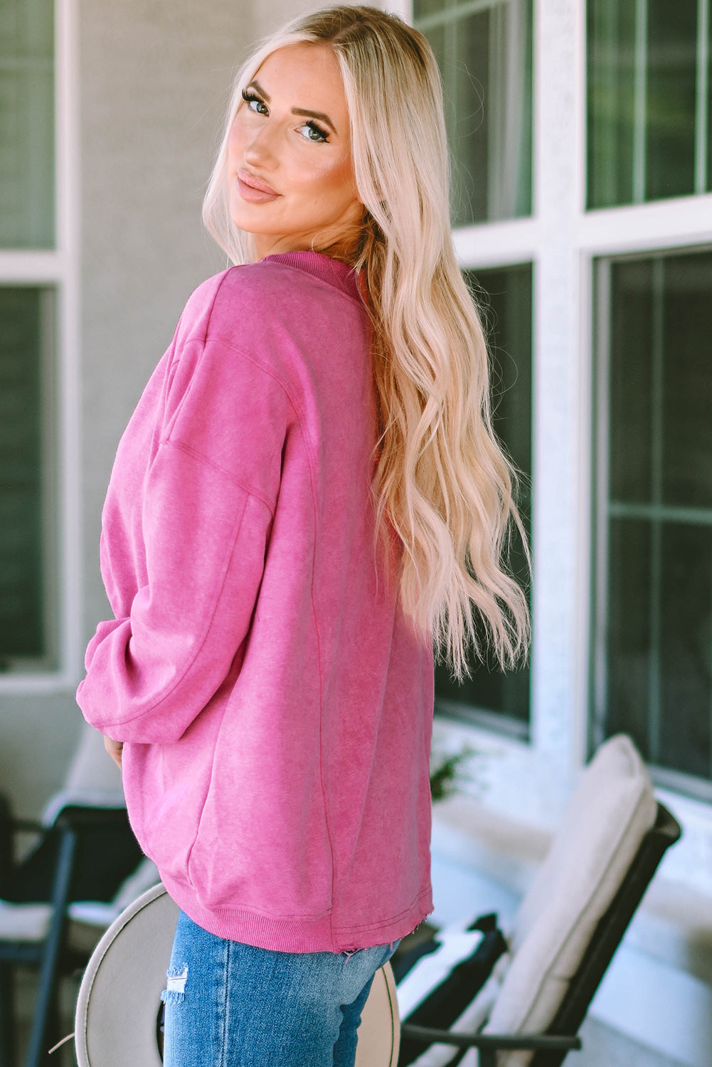 Twisted Plunge Neck Dropped Shoulder Sweatshirt  - Doll Fits