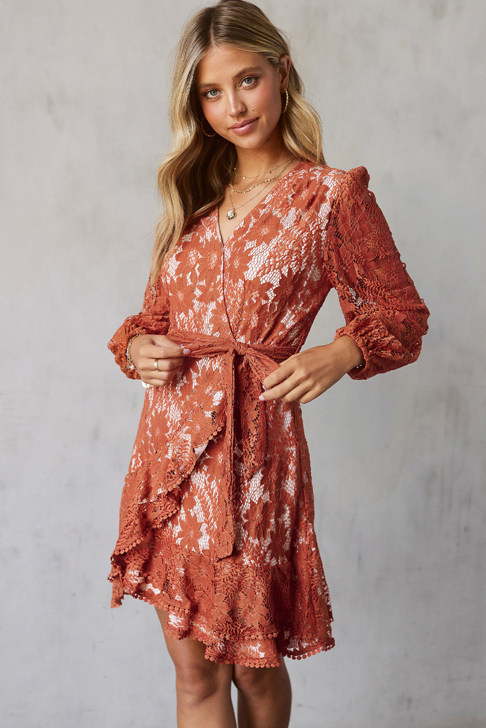 Pompom Trim Puff Sleeve Belted Lace Dress  Dresses- Doll Fits