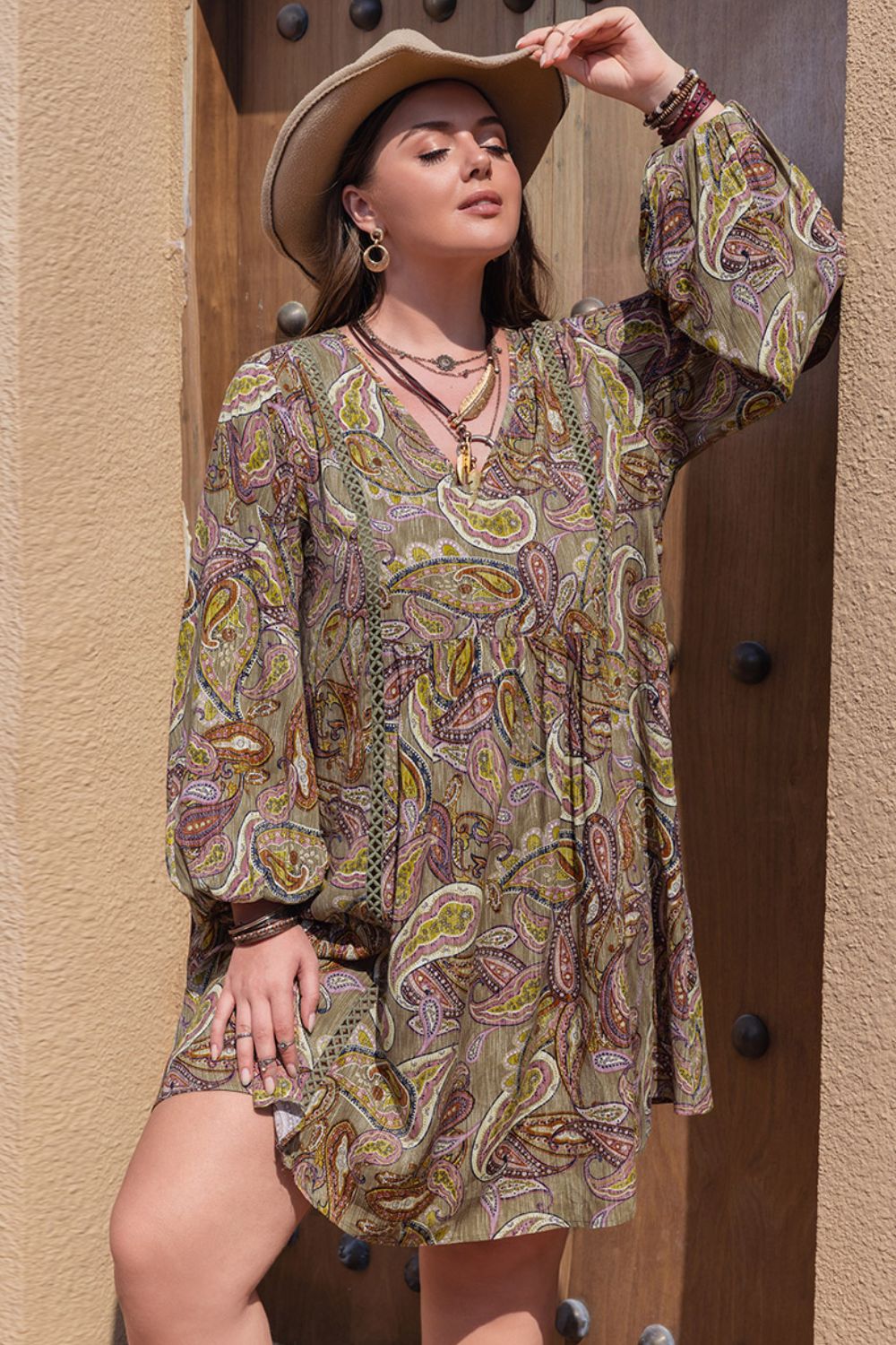Plus Size Printed V-Neck Long Sleeve Midi Dress  Dresses- Doll Fits
