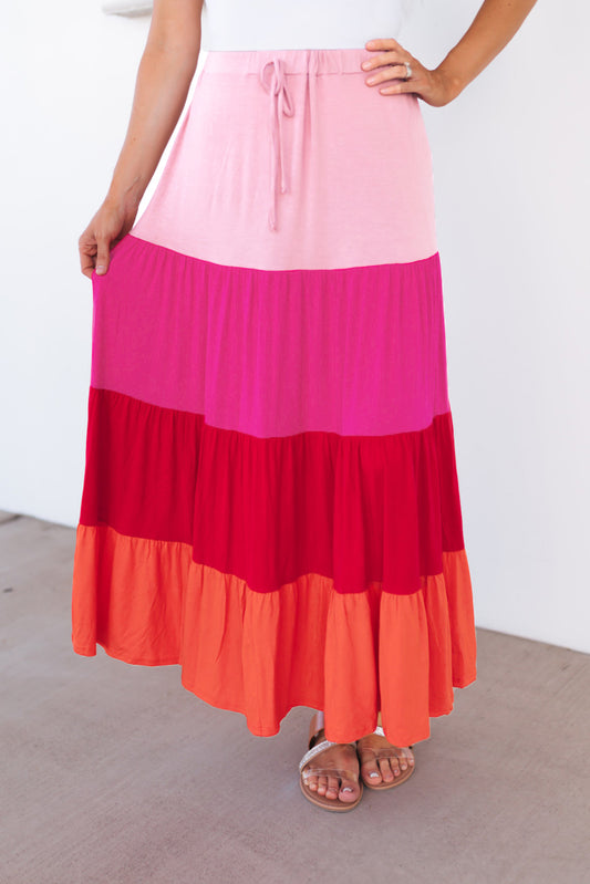 Color Block Tiered Maxi Skirt  Skirts- Doll Fits