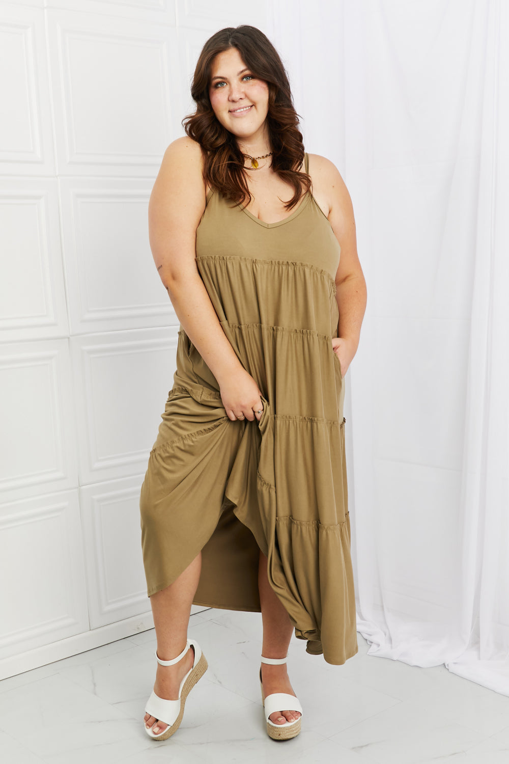 Zenana Full Size Spaghetti Strap Tiered Dress with Pockets in Khaki  Dresses- Doll Fits