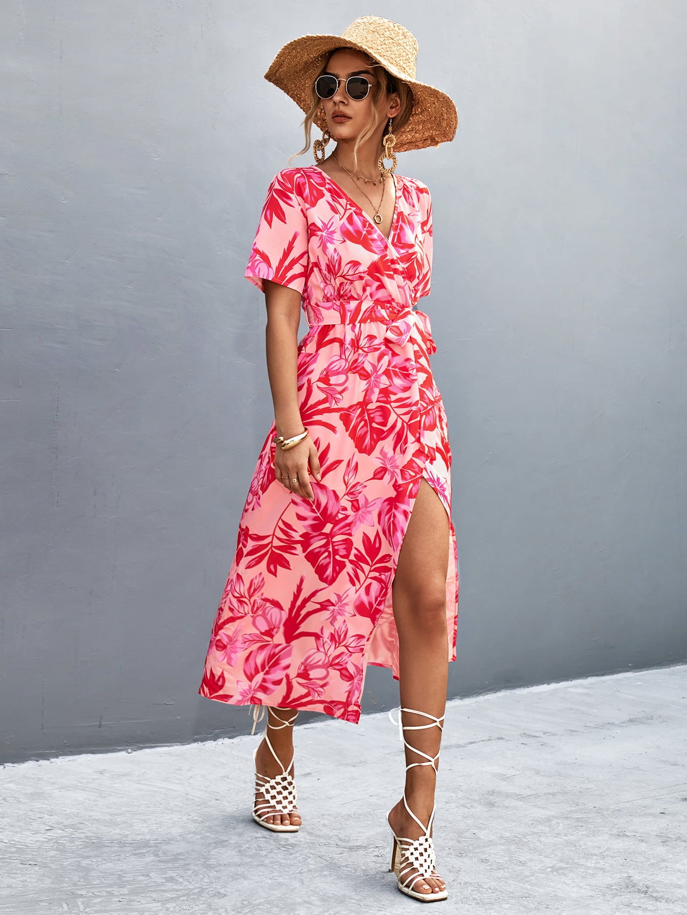 Floral Print High Slit Surplice Neck Tie Waist Midi Dress  Dresses- Doll Fits