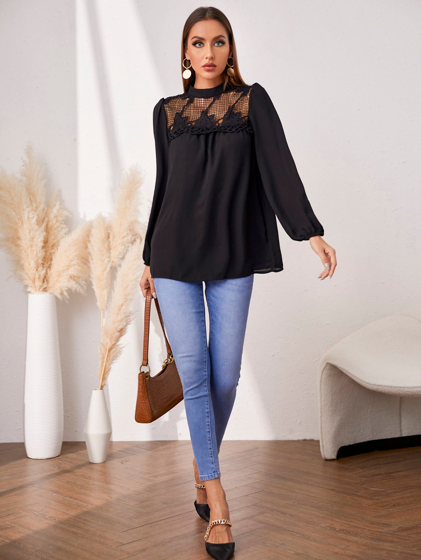 Openwork Round Neck Puff Sleeve Blouse  - Doll Fits