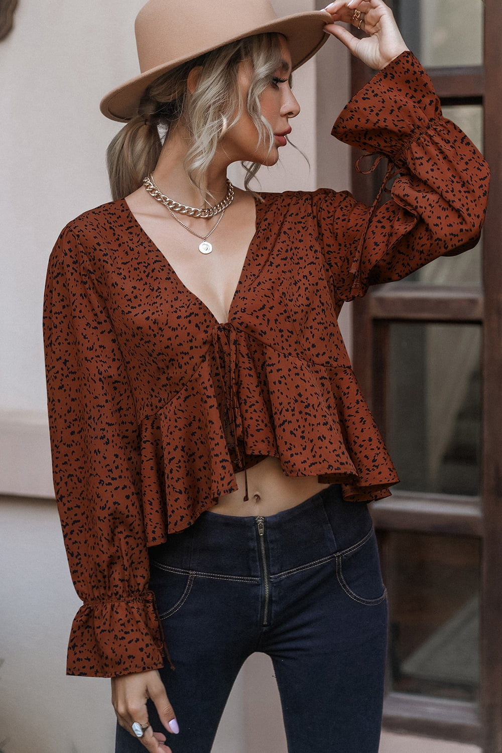 Cropped V-Neck Long Sleeve Blouse  - Doll Fits