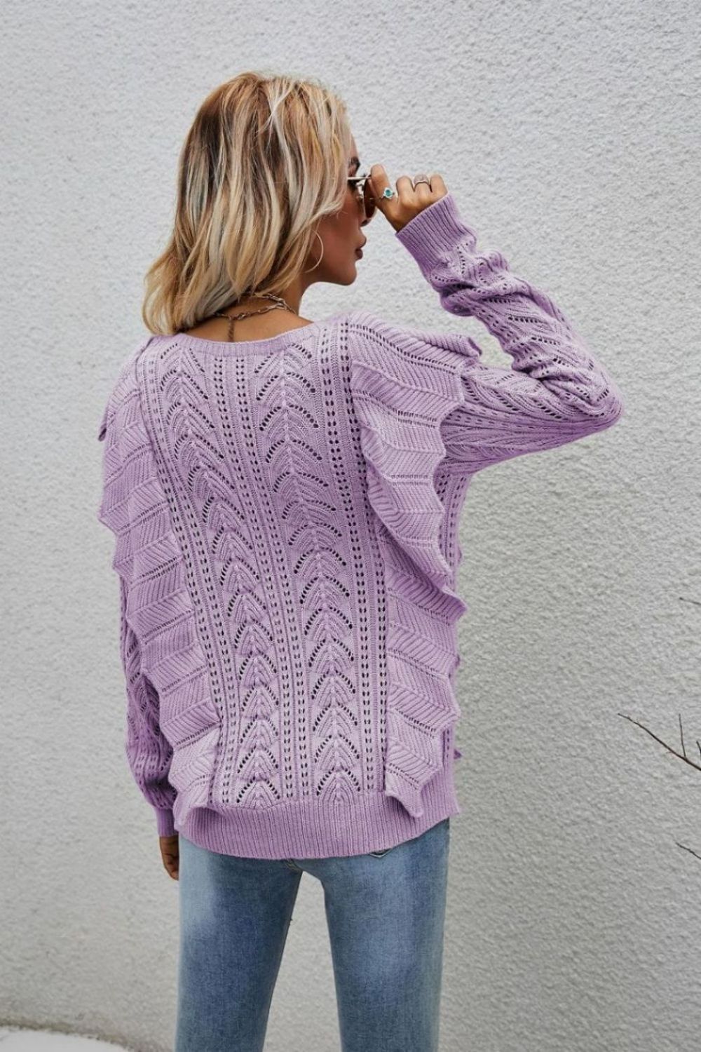 Openwork Round Neck Ruffled Sweater  Shirts & Tops- Doll Fits