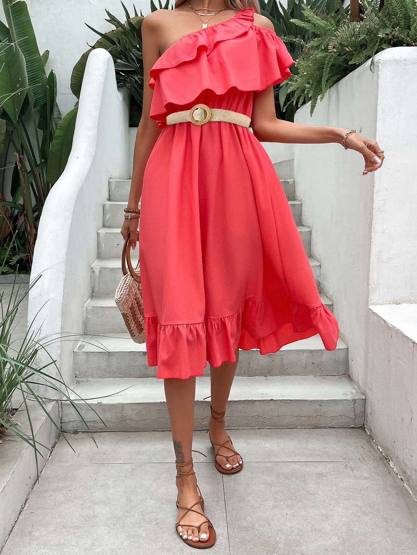 One-Shoulder Ruffle Hem Dress  Dresses- Doll Fits