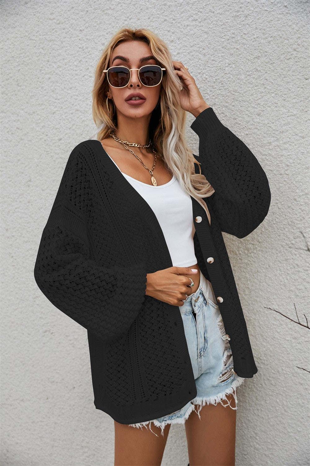Openwork V-Neck Dropped Shoulder Cardigan  Coats & Jackets- Doll Fits