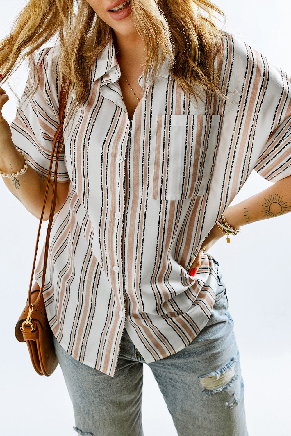Striped Short Sleeve Shirt with Breast Pocket  Shirts & Tops- Doll Fits