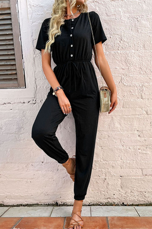 Button Front Short Sleeve Jogger Jumpsuit  Jumpsuits & Rompers- Doll Fits