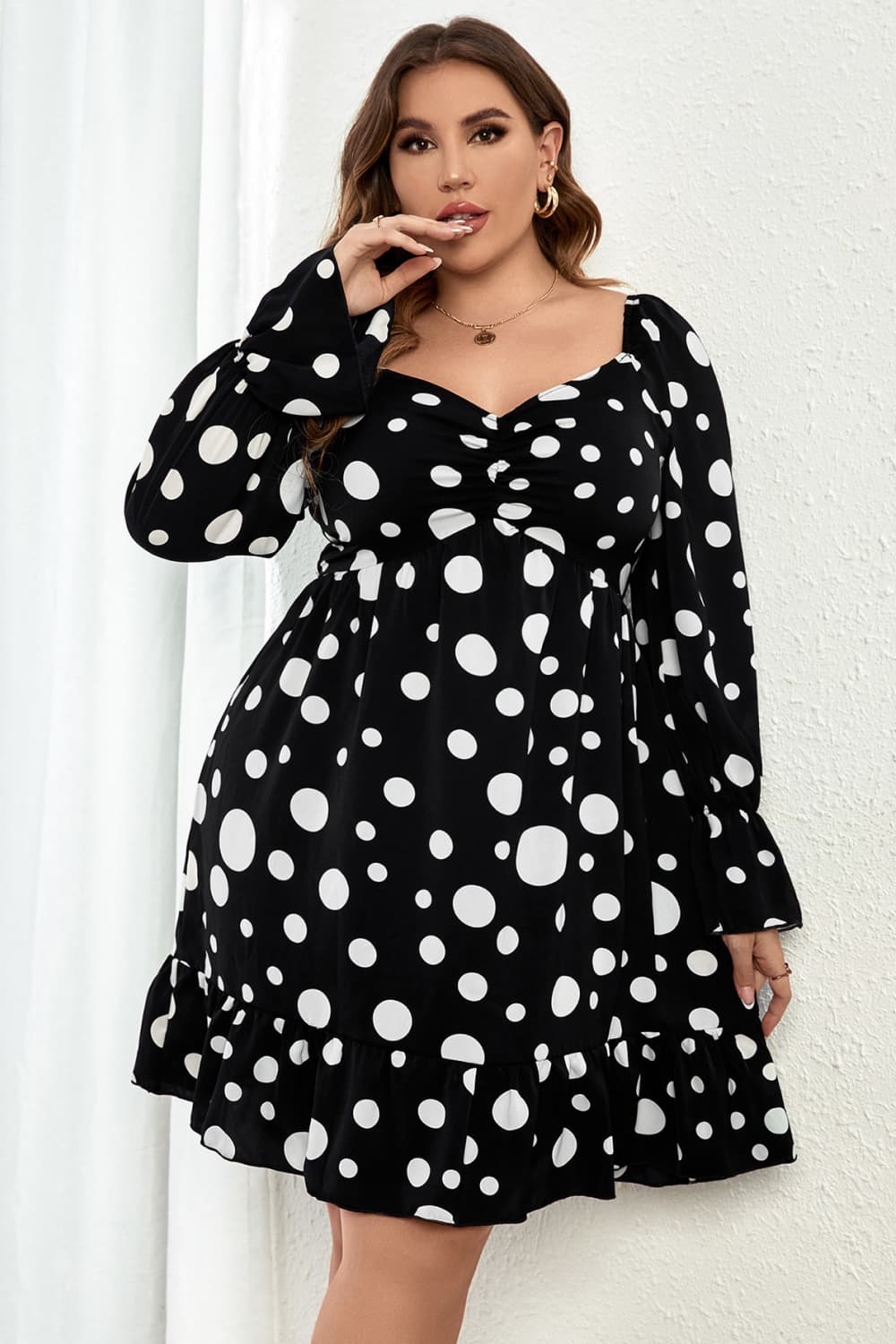 Melo Apparel Plus Size Polka Dot Sweetheart Neck Flounce Sleeve Mini Dress  Dresses- Doll Fits