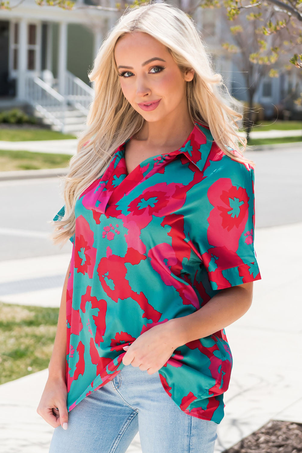 Printed Johnny Collar Short Sleeve Top  Shirts & Tops- Doll Fits