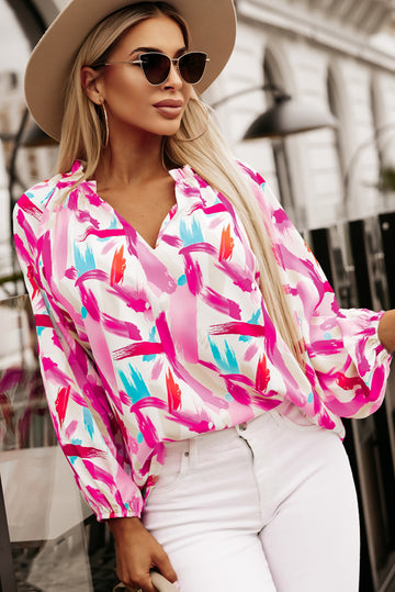 Printed V-Neck Balloon Sleeve Blouse  - Doll Fits