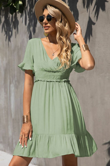 Smocked Waist Flounce Sleeve Ruffle Hem Dress  Dresses- Doll Fits