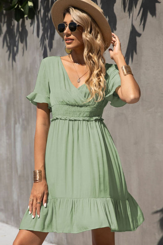 Smocked Waist Flounce Sleeve Ruffle Hem Dress  Dresses- Doll Fits